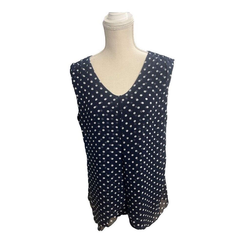 Adele & May Women Blouse Size XL Sleevless Blue White V-Neck Polka Dots Layered